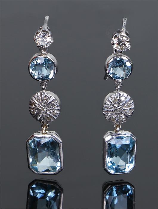 Pair of diamond and aquamarine earrings, with a row of diamonds and aquamarines to each drop, 32mm - Image 2 of 3