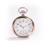 Zenith silver open face pocket watch, the white enamel dial with black Arabic hours and outer minute