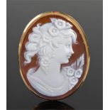 18 carat gold cameo brooch, the cameo as a lady with flowers in her hair, 42mm high
