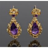 Pair of amethyst earrings, the gold drop earrings with a round cut and pear cut amethyst, length