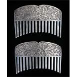 Pair of Chinese white metal combs, with a row of teeth below the foliate decoration, 8.5cm wide, (