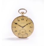 Ulysee Nardin 14 carat gold open face pocket watch, the signed gilt dial with Black Arabic hours,