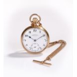 Bravingtons 9 carat gold open face pocket watch, the signed white enamel dial with Arabic hours