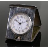 West End Watch Company silver niello traveling watch and case, the line decorated niello case