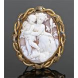 19th Century cameo brooch, carved with a figural scene, housed within a vine and leaf border, 6.