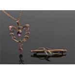 9 carat gold amethyst pendant and chain, with leaf scrolls, together with a 9 carat gold pearl set