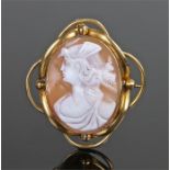 Victorian cameo brooch, carved as a classical figure, with pinchbeck frame, 50mm high