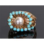 14 carat gold pearl and turquoise set ring, the central pearl with a fan of turquoise set mounts,