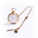 18 carat gold open face pocket watch, the white enamel dial with foliate decorated case, together