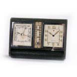 Le Coultre desk clock, barometer and thermometer, the leather case with chrome body, cream dials