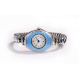 Silver and enamel wristwatch, the blue guilloche enamel with a white enamel dial and Arabic hours,