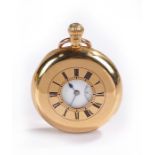 18 carat gold half hunter pocket watch, the outer blue dial enclosing the white enamel dial with