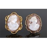 Pair of cameos, both carved as classical ladies, in gold plated frames, 7cm high and 6.5cm high