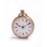 9 carat gold open face pocket watch, the white enamel dial with red Roman numerals, 31mm diameter