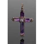 Amethyst and diamond cross, the central diamond with four amethyst beams forming the cross with