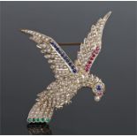 15 carat gold, ruby, sapphire and pearl brooch, in the form of a bird with all over stones set, 70mm