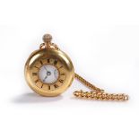 18 carat gold half hunter pocket watch, the outer blue enamel dial enclosing the white enamel dial