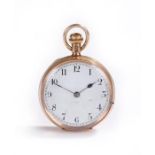 9 carat gold open face pocket watch, the white enamel dial with black Arabic hours, crown wound,