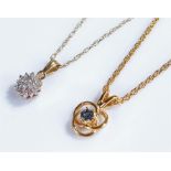 Two 9 carat gold pendant necklaces, the first with a sapphire and the second with a diamond, (2)