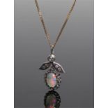 Diamond and opal pendant necklace, the foliate pendant with a central oval opal and diamond