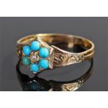 Victorian yellow metal and turquoise set ring, the ring with a central pearl surrounded by turquoise
