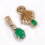 Emerald and diamond pendants, the first in 18 carat gold with six diamonds to the fan and an emerald