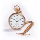 9 carat gold open face pocket watch, Sizer & Son Germany, the white enamel dial with Roman hours and