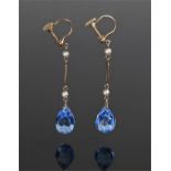 Pair of 9 carat gold earring, with pearl blue stone drops, 40mm long