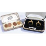 Pair of 9 carat gold cuff links, 6.5 grams, together with another set of yellow metal cuff links, (