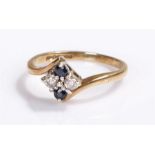 9 carat gold diamond and sapphire ring, with two round cut diamonds and two round cut sapphires,