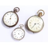 Three pocket watches, to include a silver open face example, a gun metal example and a plated