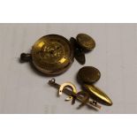 Collection of yellow metal items to include, an open face watch, pair of cuff links,horseshoe