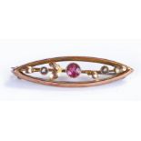 9 carat gold brooch, with pink stone to the central and pearls to the leaf design, 1.7 grams