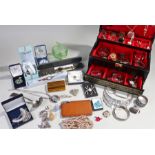 Leatherette jewellery box with a Collection of costume jewellery, watches, rings necklaces,