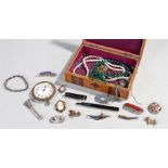 Box of costume jewellery, including necklaces, brooches, coins, a watch, and a pen (qty)