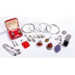 A collection of Silver and white metal jewellery, necklace, rings, earrings, bangles, (Qty)