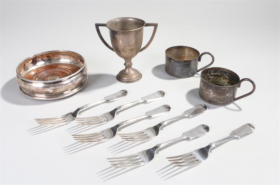 Silver plated items, coaster, forks, cups, etc, (Qty)