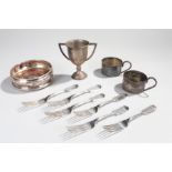 Silver plated items, coaster, forks, cups, etc, (Qty)