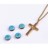 Set of four enamel and diamond buttons, together with a 9 carat gold cross and an unmarked yellow