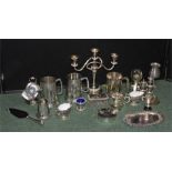 Collection of silver plated wares, including a candelabra, mugs, and trophies (qty)