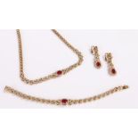 Costume jewellery set, with a faux ruby and diamonds to the necklace, earrings and bracelet, (4)