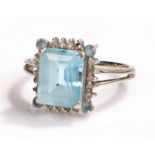 White metal aquamarine ring, the emerald cut aquamarine with diamonds and further aquamarine