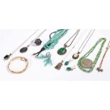 Collection of jewellery, to include malachite examples, a silver Buddha, pendants, cameo, a Crown,