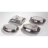 Silver plated entrée dishes, to include a rectangular pair with rounded corners, an oval example and