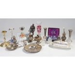 Collection of silver plated wares, including a plate and a candlestick, together with a Dartington