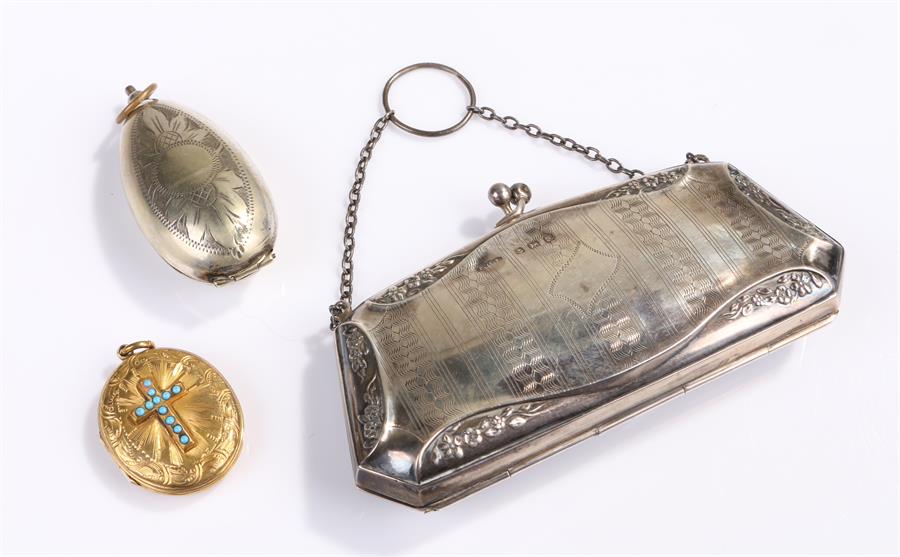 Silver purse, with foliate decoration, 12.5cm wide, together with a gold plated turquoise set