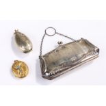 Silver purse, with foliate decoration, 12.5cm wide, together with a gold plated turquoise set