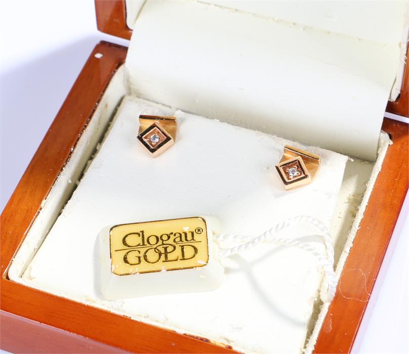 18 carat Clogau gold and diamond set earrings, the boxed and cased pair of earrings with central