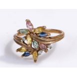 9 carat gold multi stone ring, in the form of flowers, ring size N