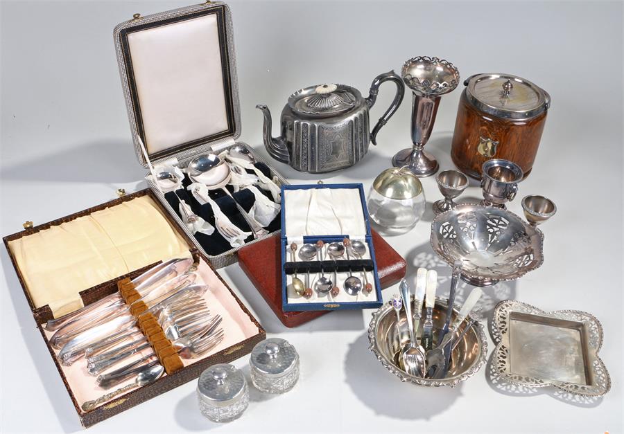 Collection of silver plated wares, including a teapot, cutlery, and a vase (qty)